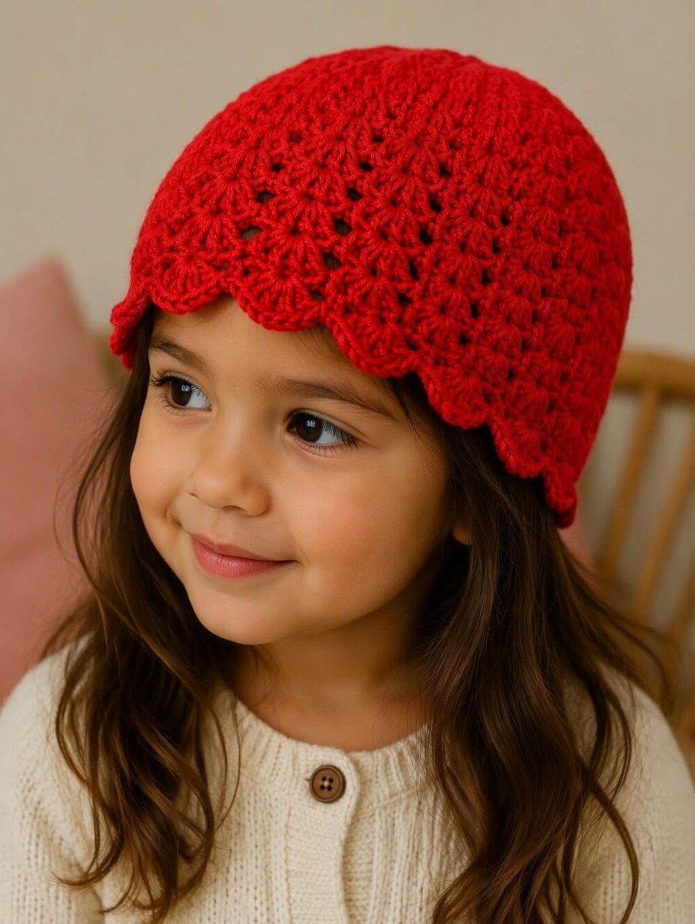 Children's Red Crochet Scalloped Beanie Hat